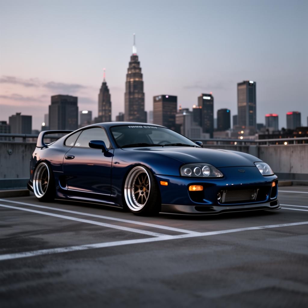 Stanced Toyota Supra MK4 with widebody kit at dusk