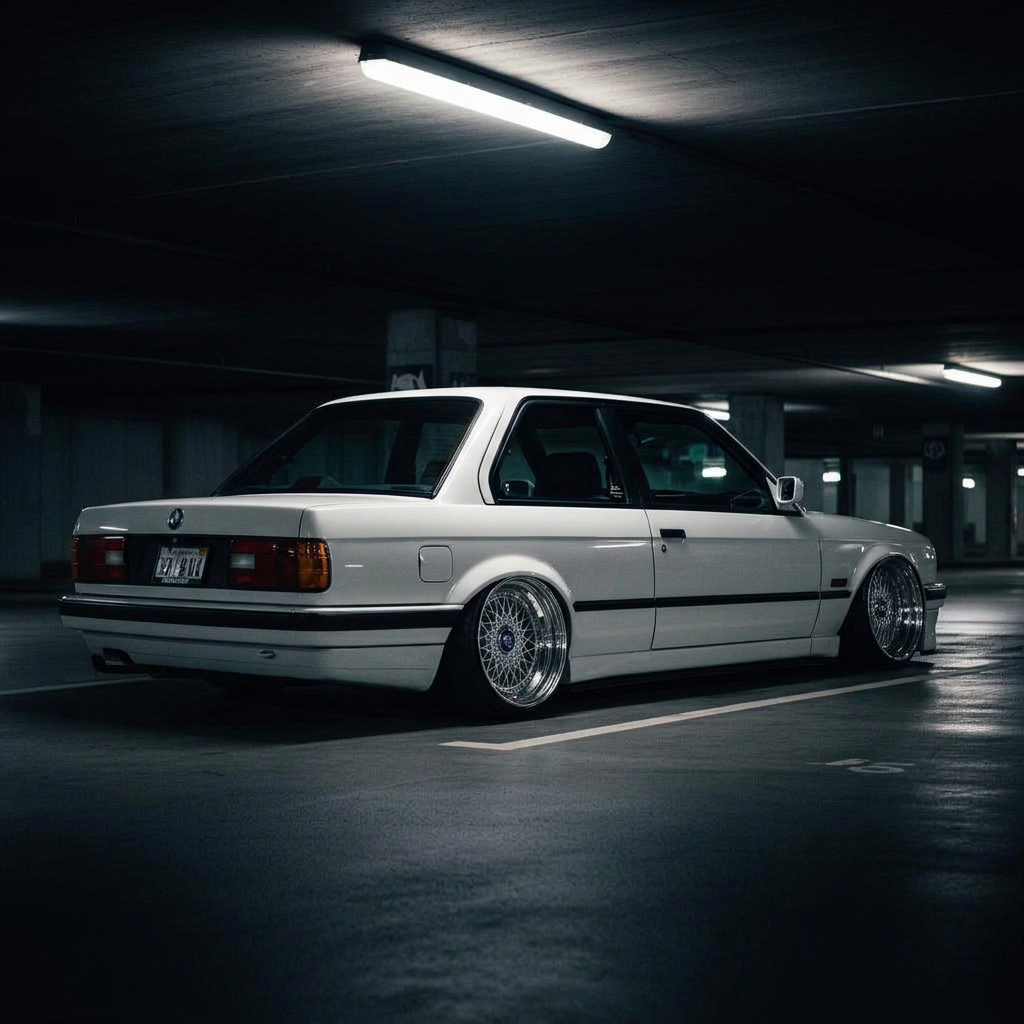 BMW E30 Static rear three-quarter at dusk