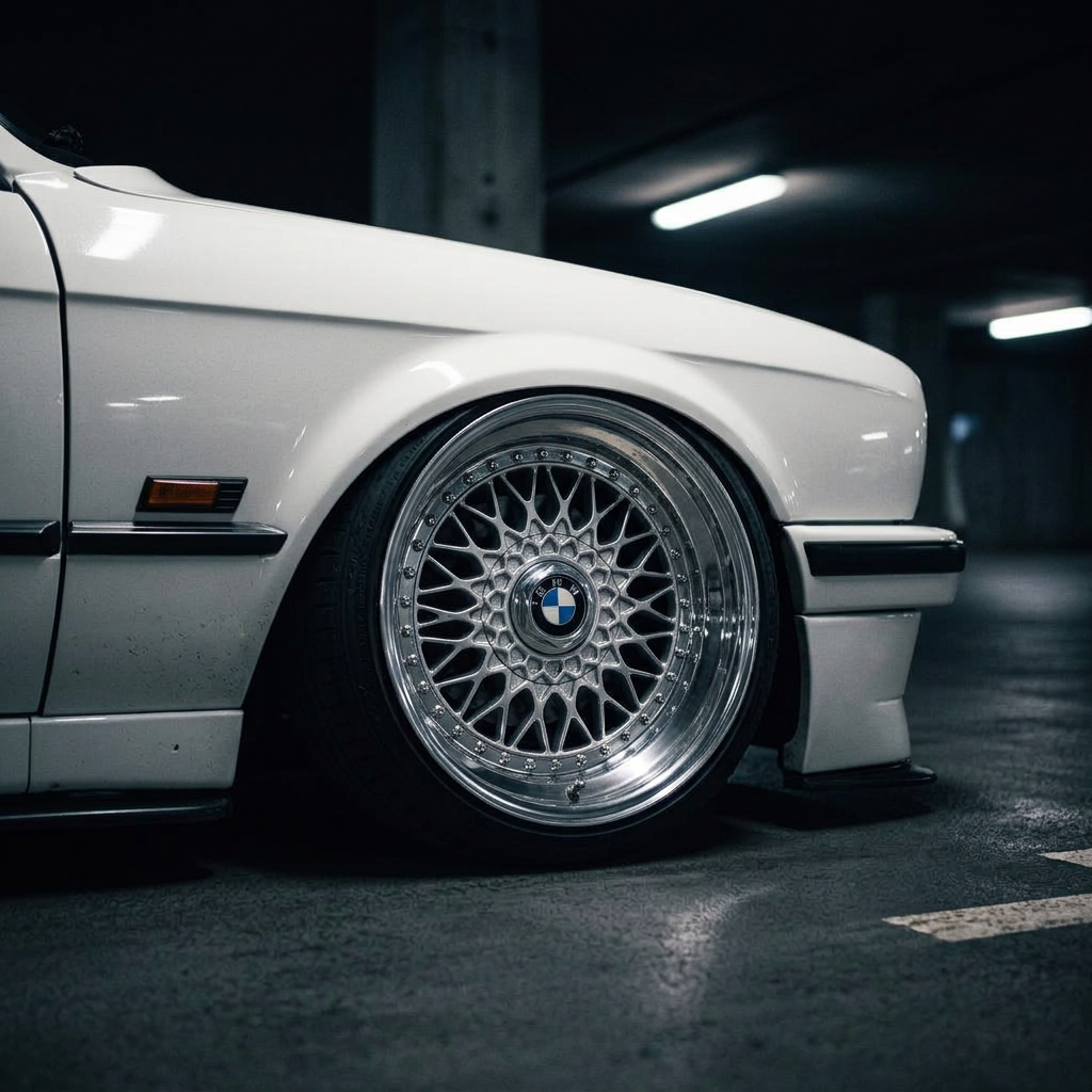 Deep dish wheel and stretched tire detail