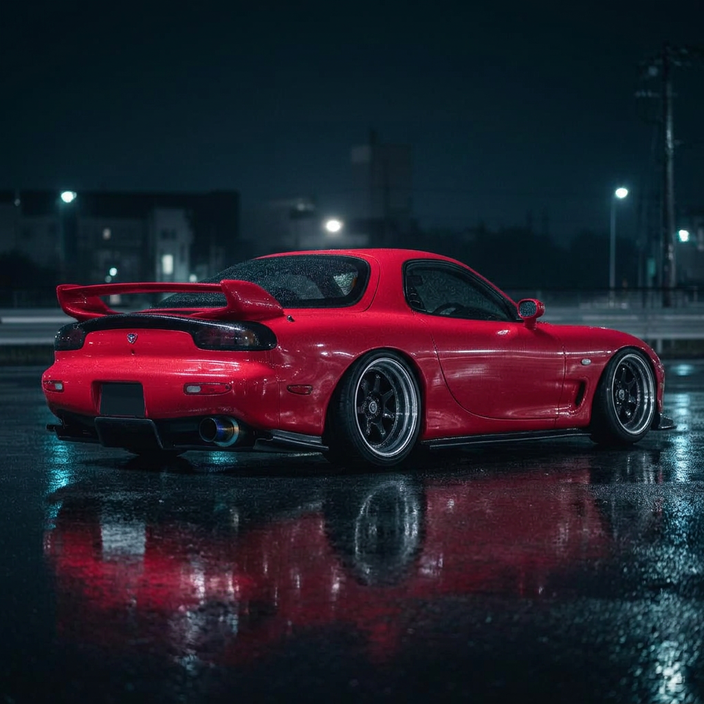 RX-7 FD rear three-quarter in neon city street