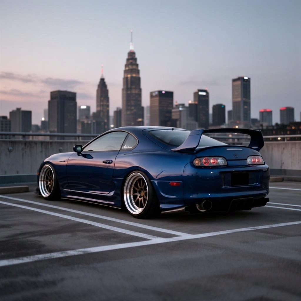 Supra MK4 rear three-quarter in a parking structure