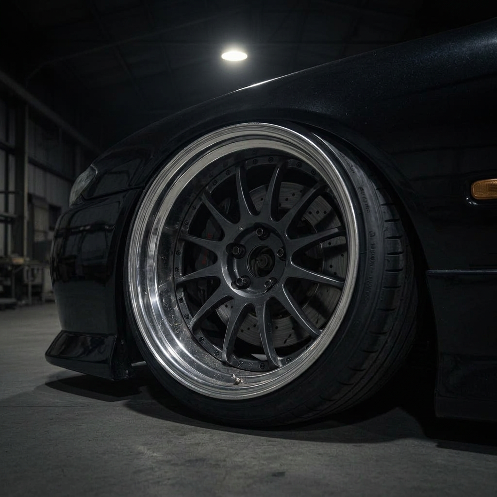 Stretched tire and concave wheel detail