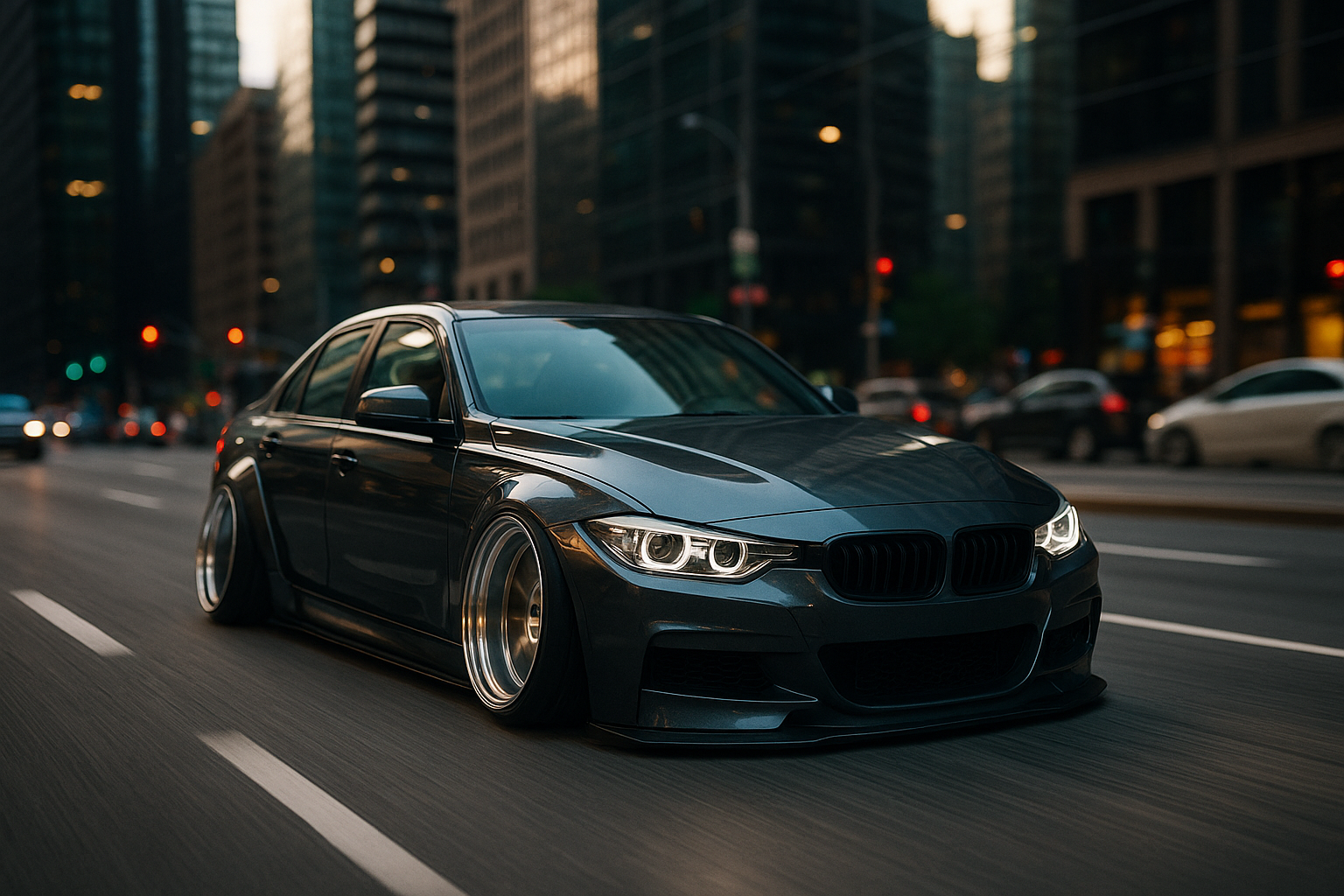 stance car driving down city street